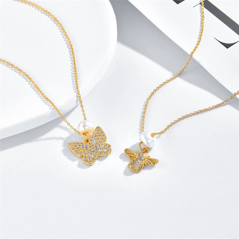 14k Vergoldete Messing Tier Anhänger Halskette Für Damen Mit Zirkonia Und Süßwasserperle Schmetterling Biene Eule Schmuck
