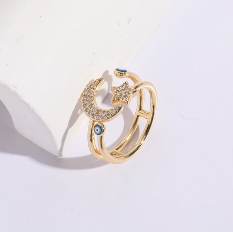 Anillo de Latón Bohemio Chapado en Oro 14K Estrella Luna Ojo Turco Anillo Abierto Circonita Ajustable Joyería Mujer