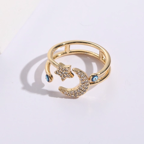 Anillo de Latón Bohemio Chapado en Oro 14K Estrella Luna Ojo Turco Anillo Abierto Circonita Ajustable Joyería Mujer
