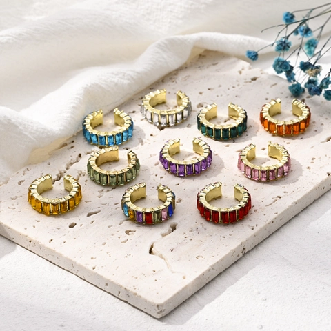 Vintage 14K Gold Plated Brass Colorful Zircon Geometric C-Shape Ear Cuff Non-Pierced Fashion Jewelry Accessory For Women