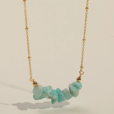 Bohemian Natural Stone Necklace 14k Gold Plated Copper Light Blue Irregular Mineral Stones Simple Pendant Chain Jewelry