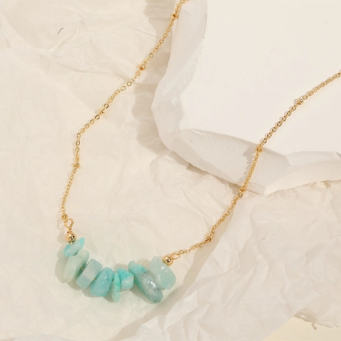 Bohemian Natural Stone Necklace 14k Gold Plated Copper Light Blue Irregular Mineral Stones Simple Pendant Chain Jewelry