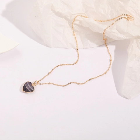 Women 14K Gold Plated Copper Natural Stone Necklace Minimalist Heart Hexagon Quartz Raw Mineral Pendant Clavicle Chain Jewelry