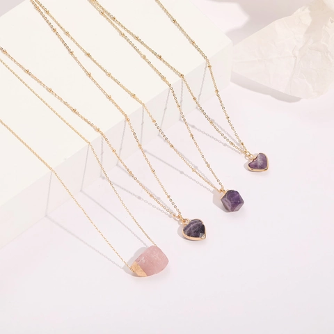 Women 14K Gold Plated Copper Natural Stone Necklace Minimalist Heart Hexagon Quartz Raw Mineral Pendant Clavicle Chain Jewelry