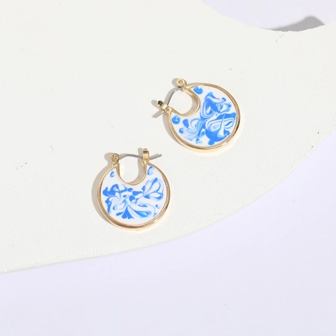 Orecchini a Goccia in Stile Porcellana Bianca e Blu Vintage in Rame Placcato Oro 14K Orecchini a Cerchio Rotondi da Donna Gioielli di Moda