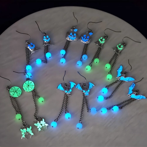 Halloween Glow In The Dark Drop Earrings Zinc Alloy Silver Tassel Ghost Pumpkin Spider Bat Skull Party Jewelry For Women