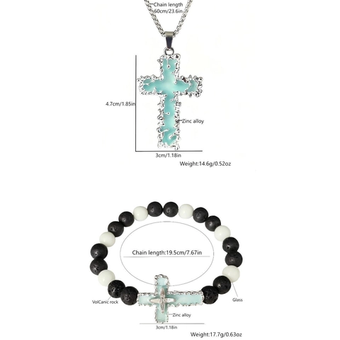Luminous Cross Necklace And Lava Stone Bracelet Glow In The Dark Religious Alloy Jewelry For Women Men Unisex