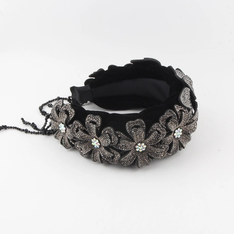 Vintage Baroque Velvet Flower Headband For Women Full Rhinestone Padded Wide Hair Hoop With Beaded Tassels Party Jewelry