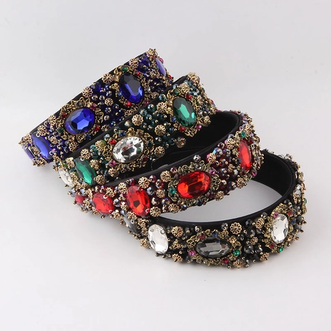 Luxury Baroque Padded Headband With Rhinestones Metal Flowers Retro Wide Hair Band Women Wedding Party Hair Accessories