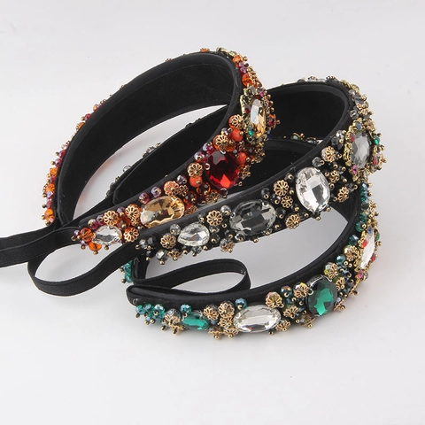 Luxury Baroque Padded Headband With Rhinestones Metal Flowers Retro Wide Hair Band Women Wedding Party Hair Accessories