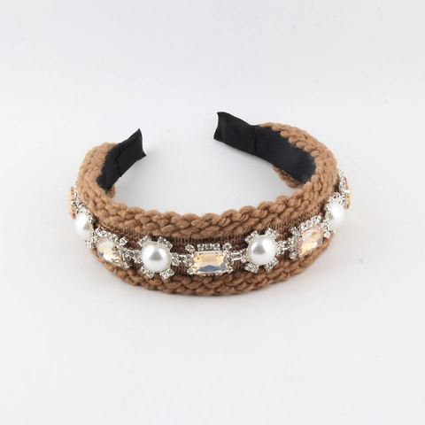 Vintage Barok Gebreide Gevoerde Haarband Voor Dames Elegante Kunstparel Strass Versierde Brede Haarband Haaraccessoire