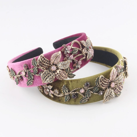 Serre-tête Rembourré en Velours de Luxe Baroque avec Strass pour Femme Travail Artisanal Fleur en Métal Accessoires Cheveux