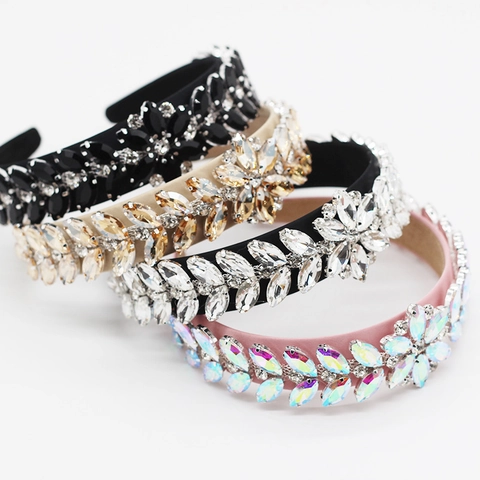 Baroque Luxurious Rhinestone Flower Leaf Headband For Women Vintage Fashion Pave Crystal Wide Hair Band Party Wedding Hair Accessories