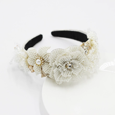Handgefertigter Weißer Haarreif Mit Künstlichen Perlen Und Strass Blumen Für Damen Retro Luxus 3D Blumenhaarreif Modeschmuck Haarzubehör
