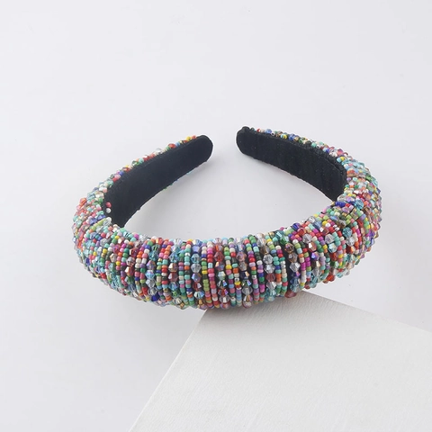 Women Luxurious Padded Rhinestone Headband Handmade Beaded Wide Hairband Retro Crystal Hair Accessories For Party Wedding