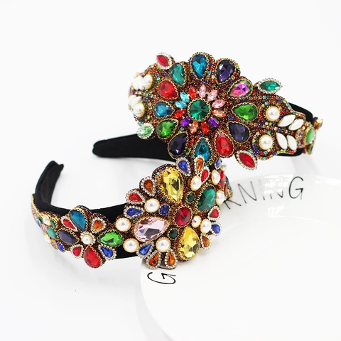 Baroque Luxury Colorful Rhinestone Artificial Pearl Wide Hairband For Women Vintage Floral Velvet Headband Party Hair Accessories