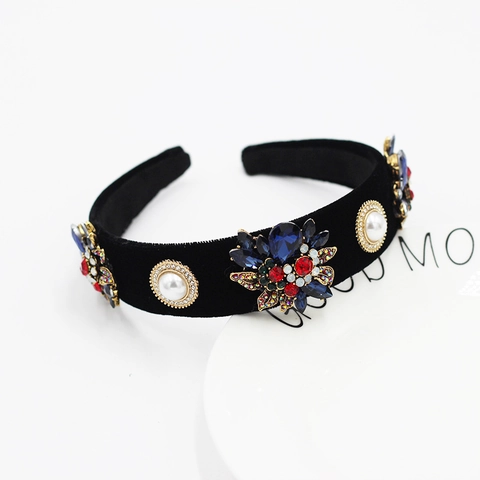 Baroque Vintage Black Velvet Wide Headband For Women With Colorful Rhinestone And Artificial Pearl Floral Decoration Hair Accessories