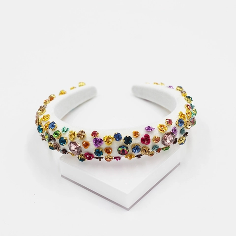 Diadema Acolchada Barroca para Mujer Esponja Blanca Diamantes de Color Flor de Metal Oro Accesorio de Pelo Retro