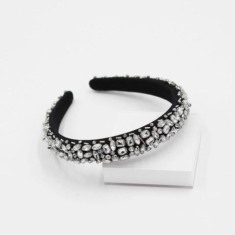 Cerchietto Imbottito in Spugna Di Lusso Con Strass per Donna Stile Coreano Squisiti Cristalli Lucenti Accessorio Capelli Nero