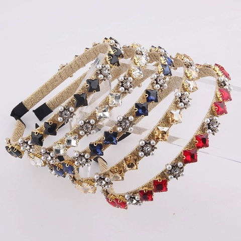 Vintage Gold Wrapped Colorful Square Rhinestone Artificial Pearl Headband For Women Elegant Palace Style Geometric Crystal Hair Band Accessory