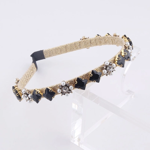 Vintage Gold Wrapped Colorful Square Rhinestone Artificial Pearl Headband For Women Elegant Palace Style Geometric Crystal Hair Band Accessory