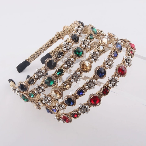 Diadema Tejida De Oro Barroco Retro Con Perla Artificial Y Diamantes De Imitación Coloridos Accesorio Para Cabello Mujer