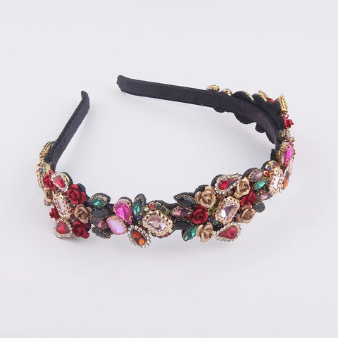 Cerchietto Barocco in Lega con Strass e Fiori per Donna Vintage Lussuoso Cerchietto con Fiori 3D per Matrimonio Festa Accessori Capelli