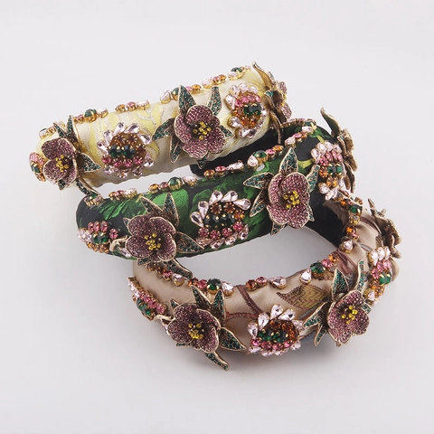 Diadema Barroca Ancha de Esponja Tela Decoración Floral de Strass Elegante Accesorios para el Cabello Mujer Boda Joyería