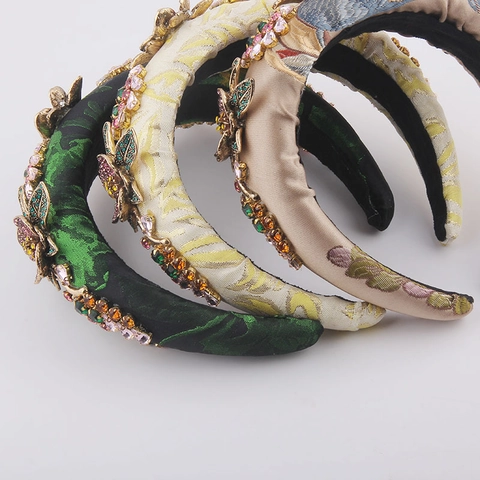 Diadema Barroca Ancha de Esponja Tela Decoración Floral de Strass Elegante Accesorios para el Cabello Mujer Boda Joyería