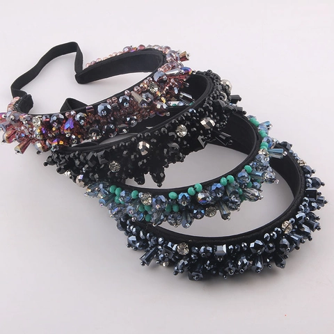 Baroque Fashion Artificial Crystal Rhinestone Beaded Headband Handmade Elastic Hair Hoop Party Catwalk Gift Hair Accessories For Women