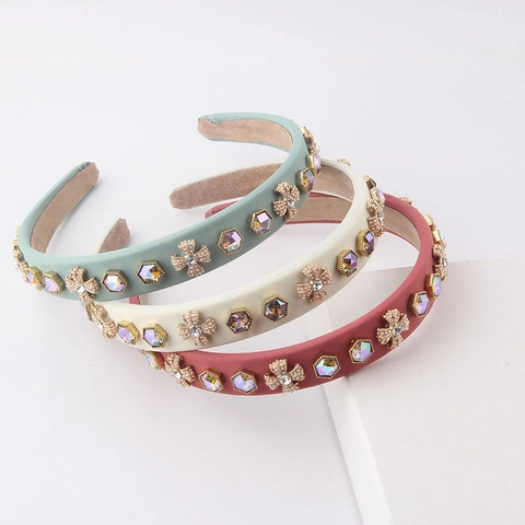 Vintage Padded Satin Rhinestone Artificial Pearl Floral Headband For Women Luxurious Thick Sponge Hair Hoop Wedding Party Hair Accessories