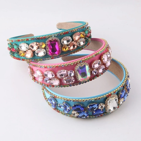 Luxury Baroque Rhinestone Gemstone Headband For Women Vintage Colorful Crystal Wide Hairband Elegant Hair Accessories For Wedding Party Banquet