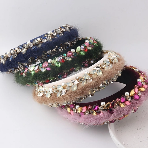 Baroque Luxury Padded Sponge Headband With Faux Mink Fur Rhinestone Faux Artificial Pearl Velvet Wide Hairband Women Party Jewelry