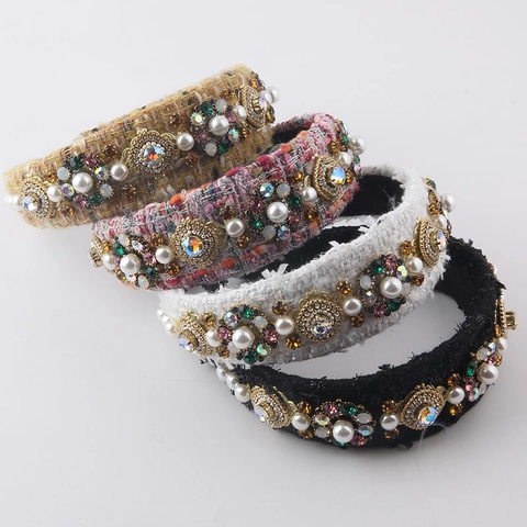 Set Accessori Capelli Tweed Vintage Con Perle Artificiali E Strass Per Donna Cerchietto Clip E Bracciale Di Lusso