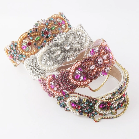 Baroque Padded Headband Luxurious Rhinestone Artificial Pearl Inlaid Tassel Chain Hairband Vintage Fashion Women Wedding Party Hair Accessories
