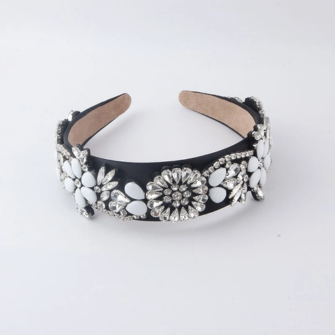 Luxury Baroque Flower Rhinestone Headband Vintage Palace Style Satin Beaded Wide Hairband For Women Wedding Party Hair Accessory