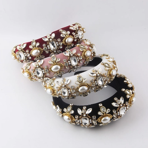 Diadema Barroca Ancha de Esponja con Diamantes de Imitación y Perlas Artificiales para Mujer Accesorio de Pelo Retro Fiesta