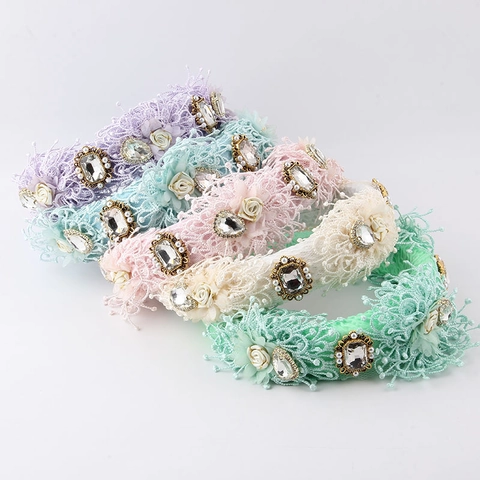 Baroque Lace Fabric Flower Headband For Women Rhinestone Artificial Pearl Wide Brim Vintage Bohemian Hair Hoop Wedding Party