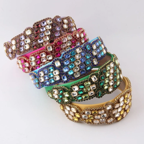 Baroque Vintage Colorful Rhinestone Padded Headband For Women Luxurious Satin Inlaid Crystal Hair Band Street Fashion Hair Accessories