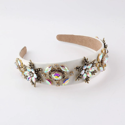 Baroque Colorful Rhinestone Wide Headband For Women Luxury Vintage Palace Style Floral Alloy Satin Hair Band Party Jewelry