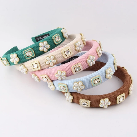 Women Padded Sponge Fabric Headband Artificial Pearl Flower Rhinestone Inlaid Hair Accessories Vintage Elegant Headpiece For Daily Travel