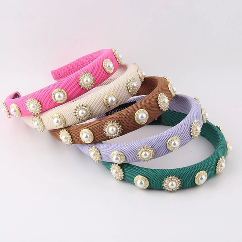 European Fashion Thick Sponge Headband For Women Artificial Pearl Rhinestone Padded Retro Woven Fabric Hair Accessories