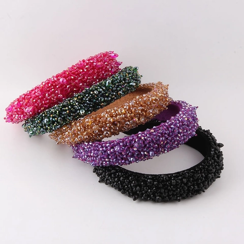 Luxury Artificial Crystal Beaded Padded Headband Vintage Velvet Hand Made Colorful Hair Hoop Hair Accessories For Women
