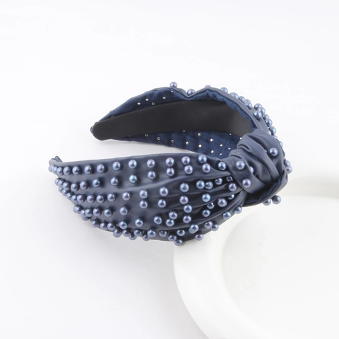 Wide Faux Leather Knot Headband With Artificial Pearl Studs Fashion Hair Accessories For Women Party Daily Hair Hoop
