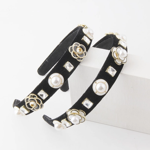 Elegante Fluwelen Camellia Bloem Haarband Met Kunstparels Strass Franse Vintage Zwart Wit Haarsieraad Voor Vrouwen Sieraden