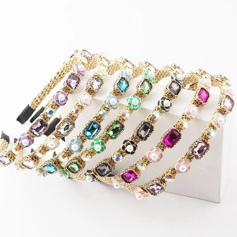 Diadema Trenzada Vintage de Aleación Chapada en Oro Con Flores de Esmalte Diamantes de Imitación Y Perlas Artificiales Artificiales para Mujer