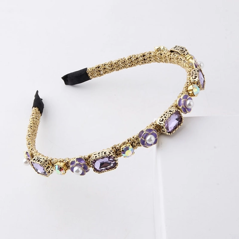 Diadema Trenzada Vintage de Aleación Chapada en Oro Con Flores de Esmalte Diamantes de Imitación Y Perlas Artificiales Artificiales para Mujer