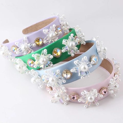 Baroque Luxury Rhinestone Crystal Flower Wide Headband Satin Padded Faux Artificial Pearl Hairband Vintage Wedding Party Hair Accessory