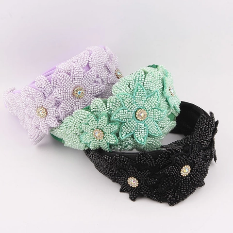 Diadema Ancha Vintage Elegante Con Flores de Cuentas Hechas a Mano y Strass para Mujer Boda Fiesta Accesorio de Pelo de Tela de Lujo