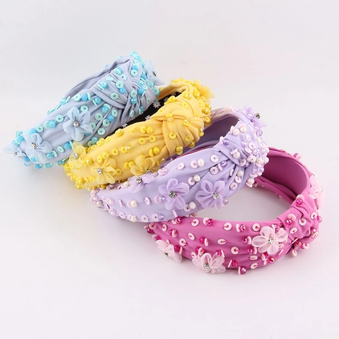 Elegante Diadema Ancha de Satén con Nudo para Mujer Floral con Diamantes de Imitación y Perlas Artificiales
